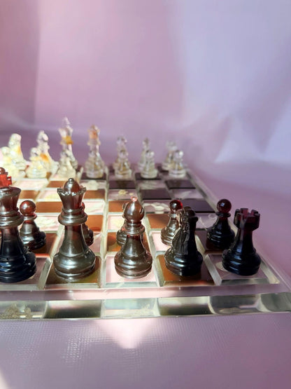Custom Handmade Resin Chess Set with Dried Flowers and Elegant Modern Botanical Board Design
