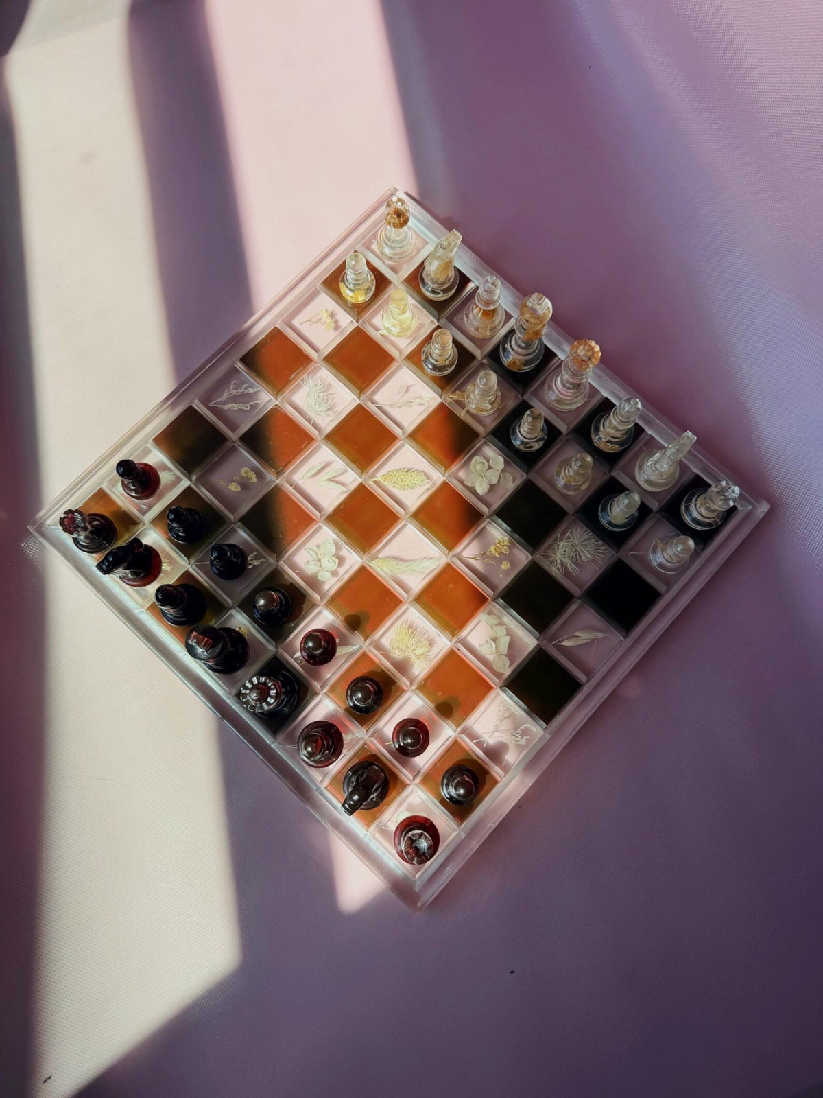 Custom Handmade Resin Chess Set with Dried Flowers and Elegant Modern Botanical Board Design