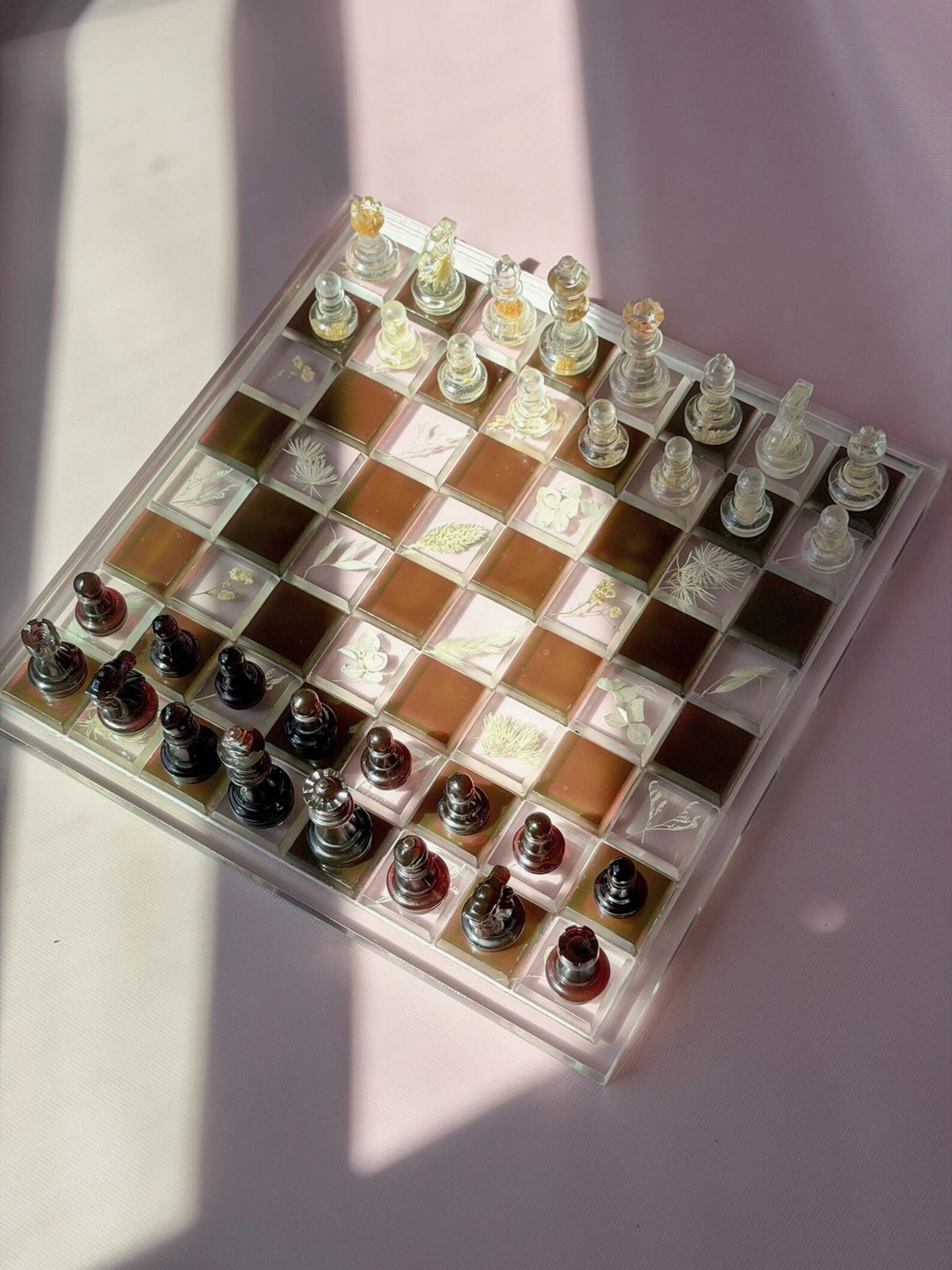 Custom Handmade Resin Chess Set with Dried Flowers and Elegant Modern Botanical Board Design