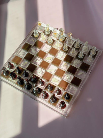 Custom Handmade Resin Chess Set with Dried Flowers and Elegant Modern Botanical Board Design