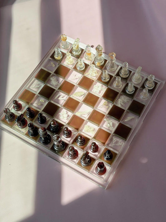 Custom Handmade Resin Chess Set with Dried Flowers and Elegant Modern Botanical Board Design