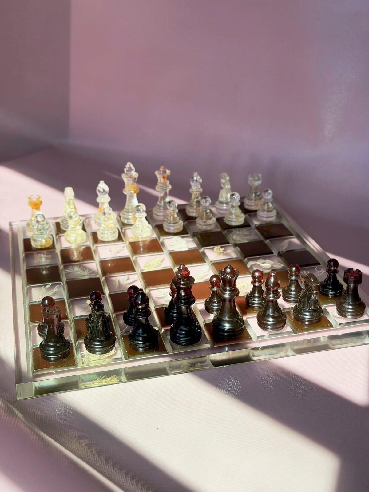 Custom Handmade Resin Chess Set with Dried Flowers and Elegant Modern Botanical Board Design