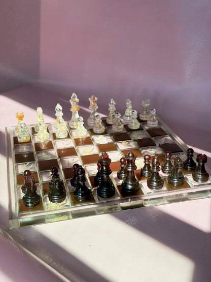 Custom Handmade Resin Chess Set with Dried Flowers and Elegant Modern Botanical Board Design