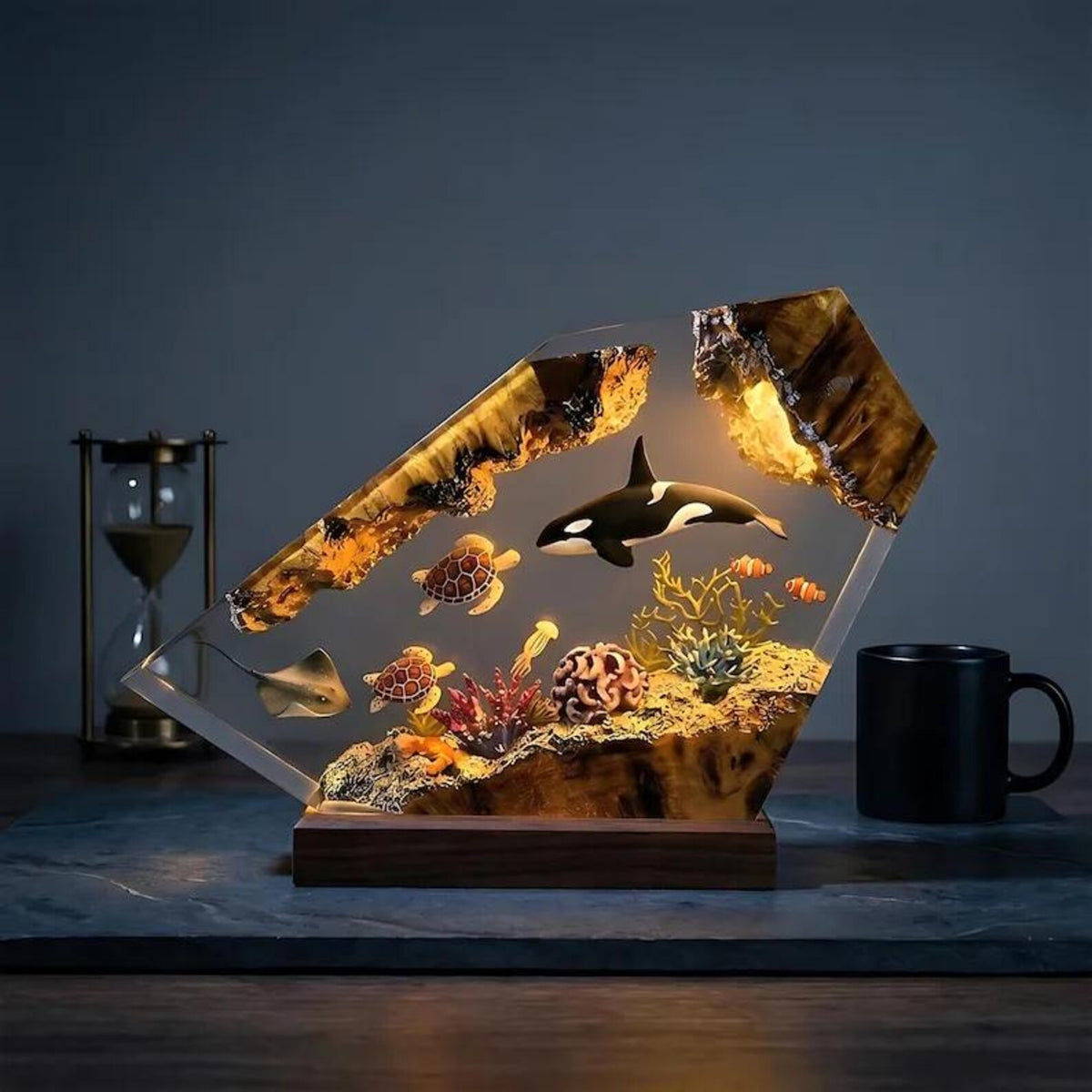 Orca Resin Lamp, Handmade Ocean Night Light, Sea Turtle and Great White Shark Decor