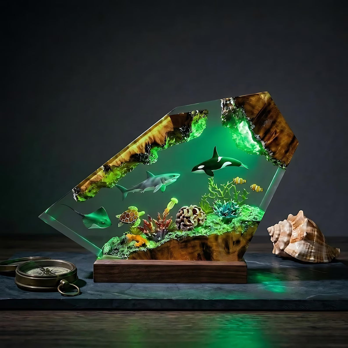 Orca Resin Lamp, Handmade Ocean Night Light, Sea Turtle and Great White Shark Decor
