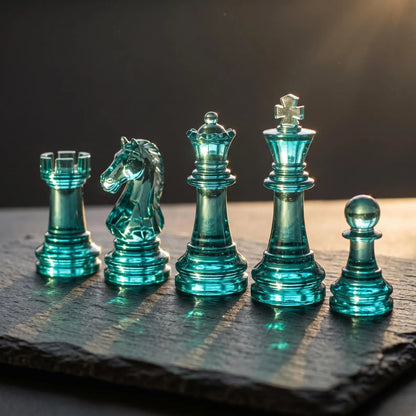 Koi Pond Wood Resin Chess Set with Turquoise and White Pieces, Handmade Artistic Board Design
