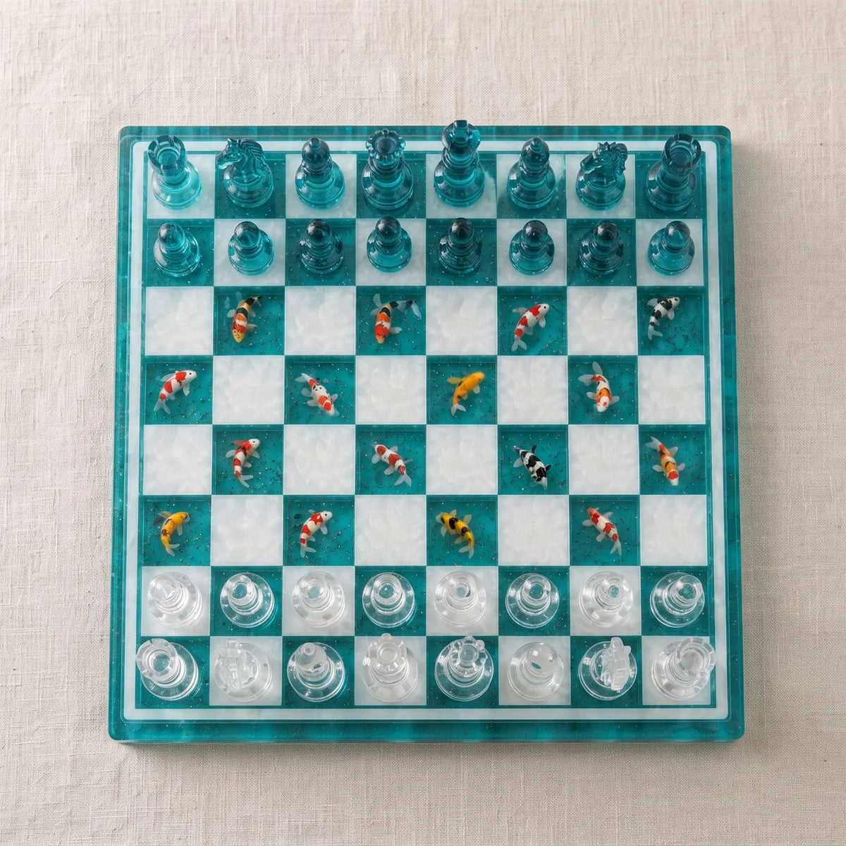 Koi Pond Wood Resin Chess Set with Turquoise and White Pieces, Handmade Artistic Board Design