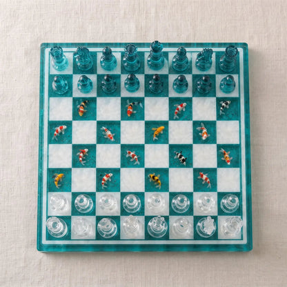 Koi Pond Wood Resin Chess Set with Turquoise and White Pieces, Handmade Artistic Board Design