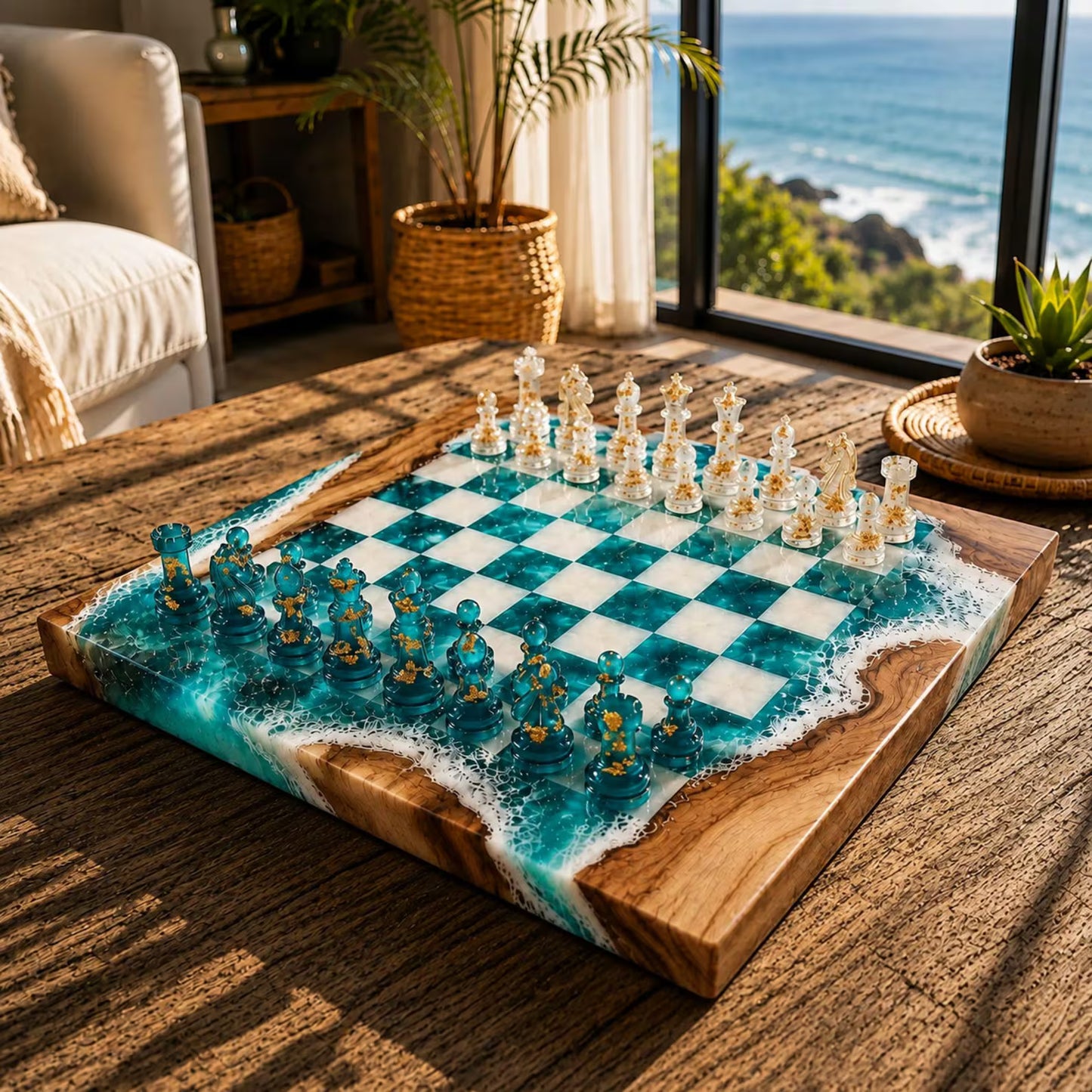 Handcrafted Ocean Blue Resin Chess Set – Luxury Epoxy Wood Chess Board with Pieces