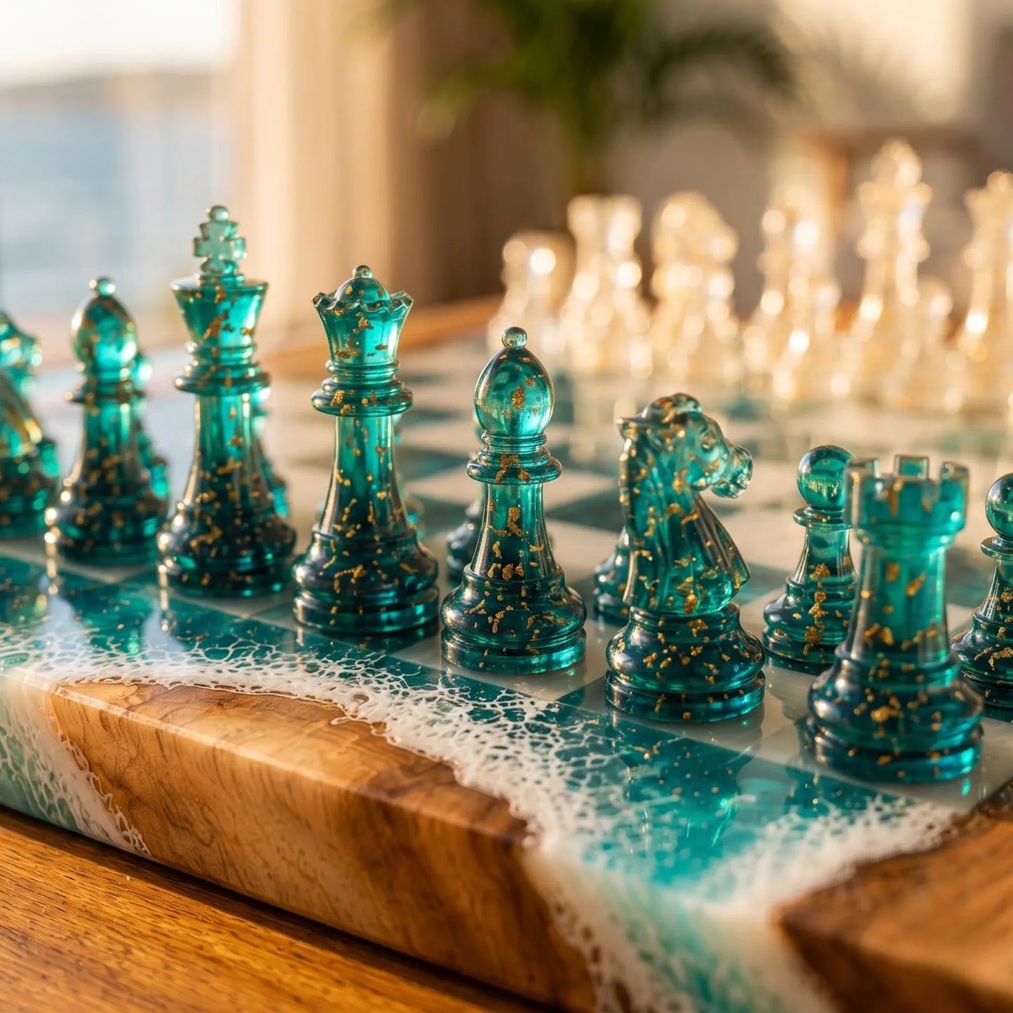 Handcrafted Ocean Blue Resin Chess Set – Luxury Epoxy Wood Chess Board with Pieces