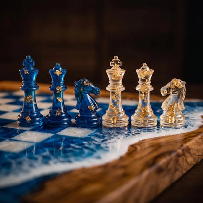 Luxury Ocean Resin Chess Set with Handmade Blue Epoxy Wood Board and 32 Pieces