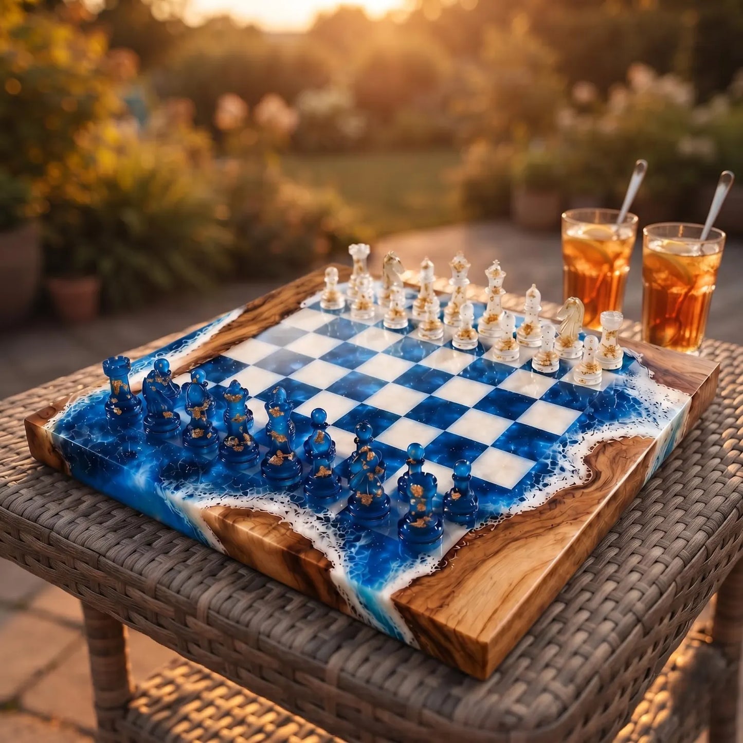 Luxury Ocean Resin Chess Set with Handmade Blue Epoxy Wood Board and 32 Pieces
