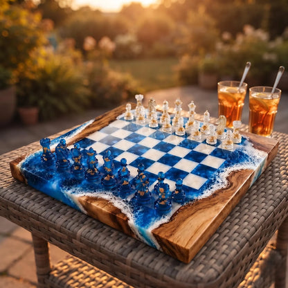 Luxury Ocean Resin Chess Set with Handmade Blue Epoxy Wood Board and 32 Pieces