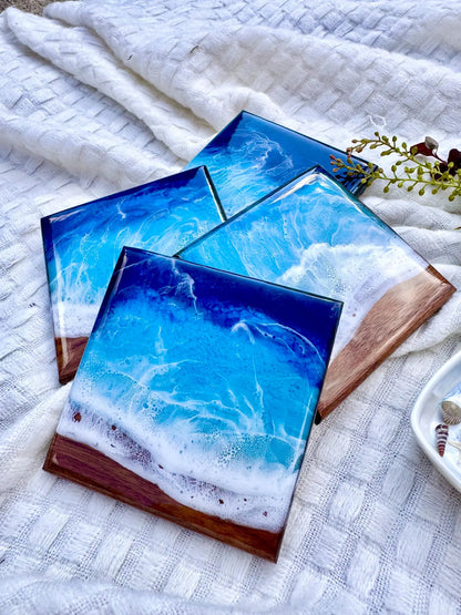 Walnut Ocean Coaster Set, Handmade Resin Beach Coasters, Wood Coastal Home Decor, Set of Four
