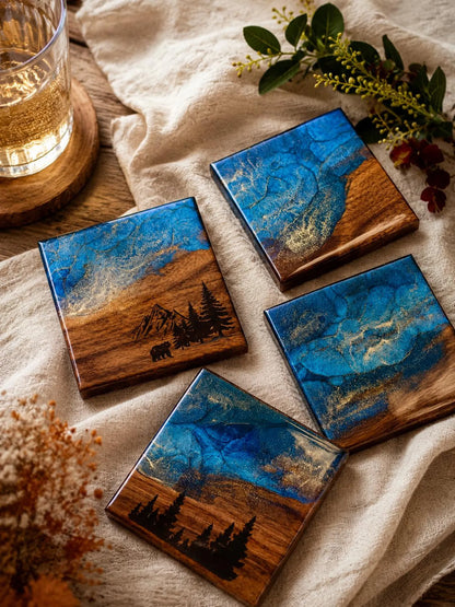 Mountain Resin Wood Coaster Set, Bear Pine Tree Design, Rustic Cabin Home Decor, Lake House