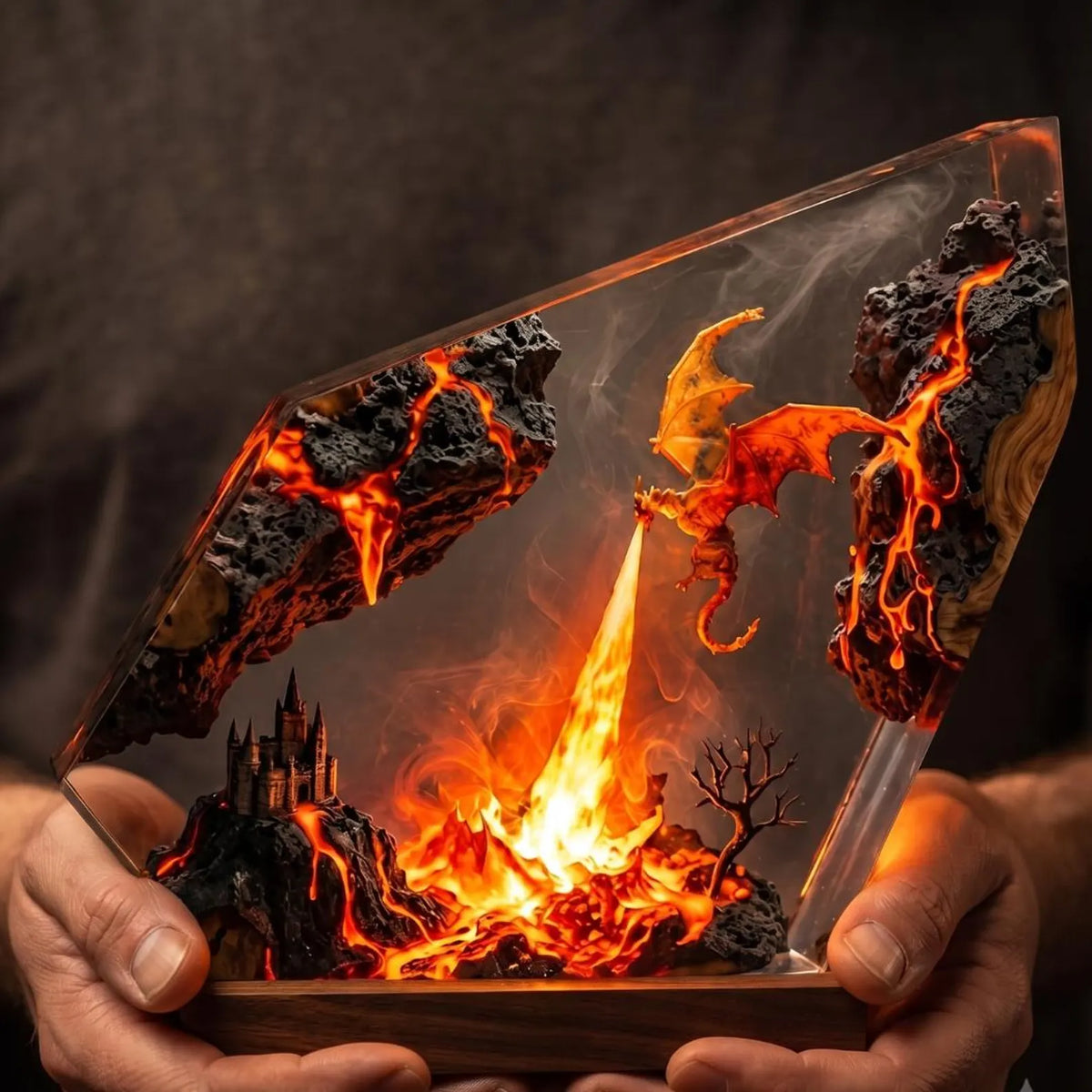 Fire Breathing Dragon Resin Lamp, Volcano Epoxy Night Light, Mythical Creature Fantasy Desk Decor