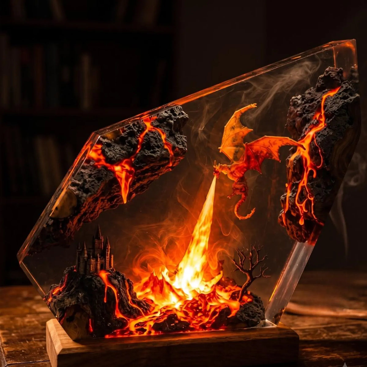 Fire Breathing Dragon Resin Lamp, Volcano Epoxy Night Light, Mythical Creature Fantasy Desk Decor