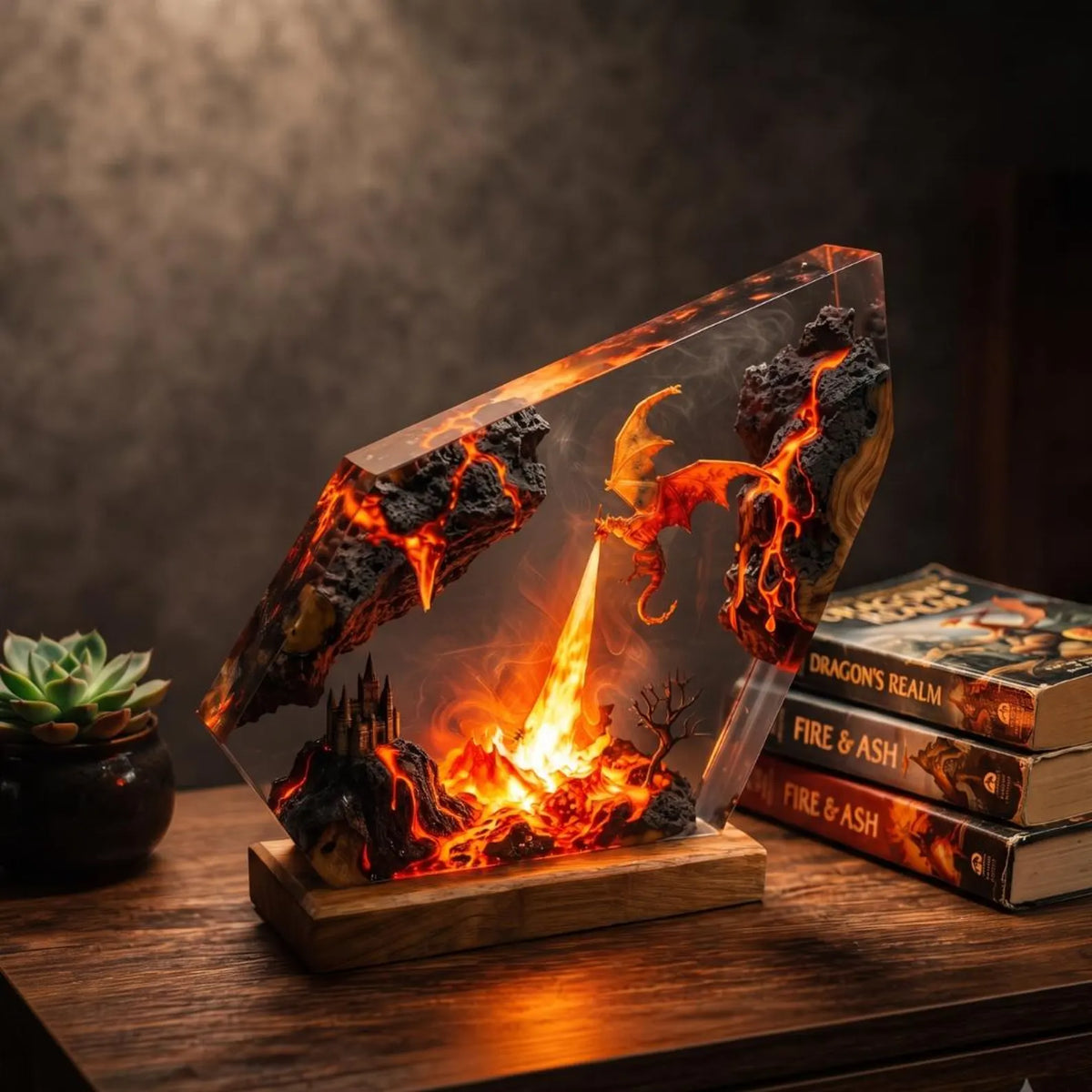 Fire Breathing Dragon Resin Lamp, Volcano Epoxy Night Light, Mythical Creature Fantasy Desk Decor