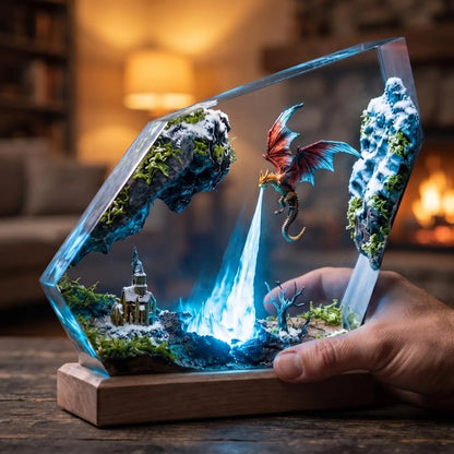 Ice Dragon Resin Lamp, Winter Castle Diorama, Fantasy Night Light, DND Gamer Desk Decor