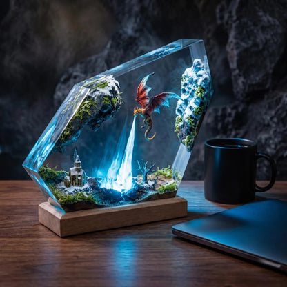 Ice Dragon Resin Lamp, Winter Castle Diorama, Fantasy Night Light, DND Gamer Desk Decor