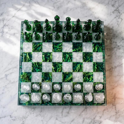 Handmade Green Mountain Resin Chess Set – Nature Inspired Epoxy Chess Board with Clear Pieces