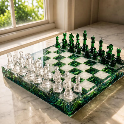 Handmade Green Mountain Resin Chess Set – Nature Inspired Epoxy Chess Board with Clear Pieces