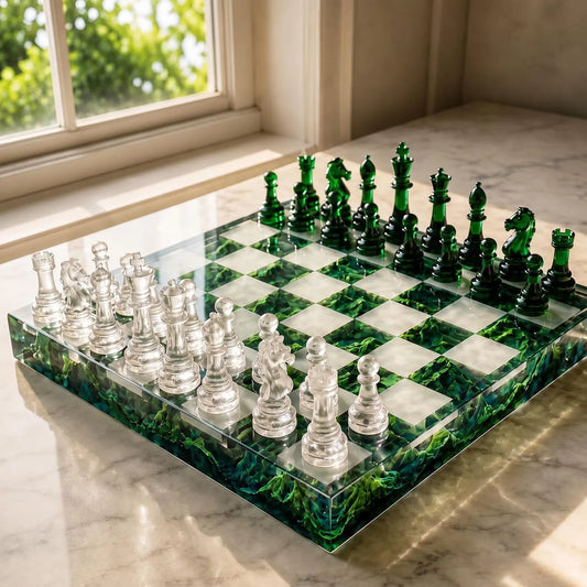 Handmade Green Mountain Resin Chess Set – Nature Inspired Epoxy Chess Board with Clear Pieces
