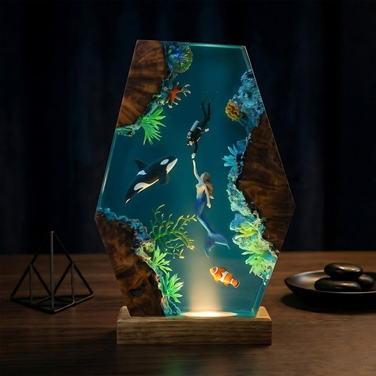 Handmade Resin Ocean Lamp Deep Sea Diorama Mermaid Orca Clownfish Wood Night Light Decor