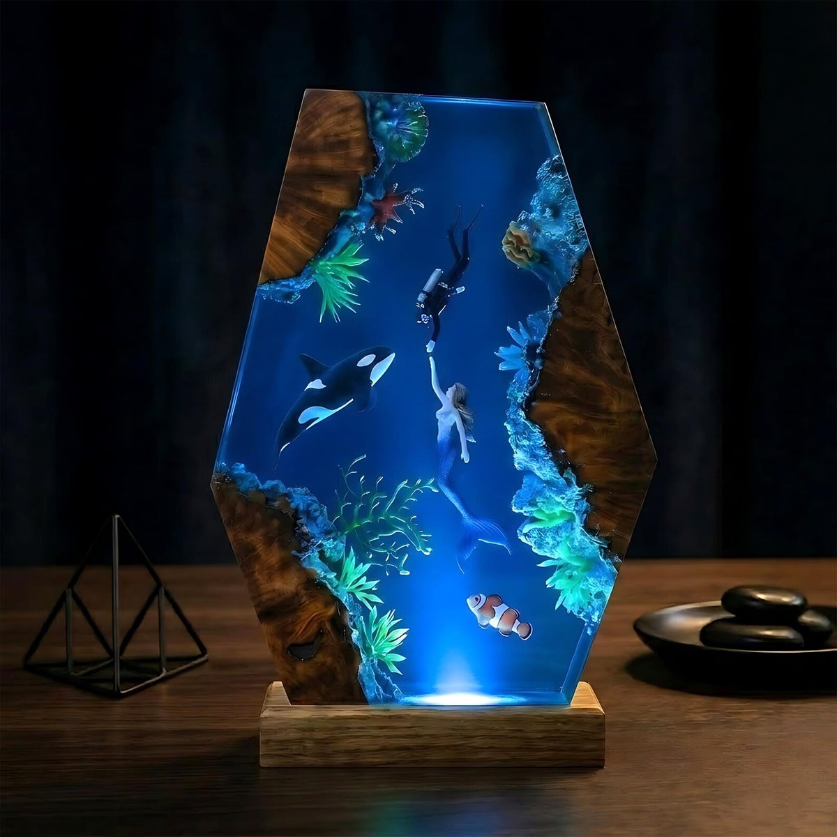Handmade Resin Ocean Lamp Deep Sea Diorama Mermaid Orca Clownfish Wood Night Light Decor
