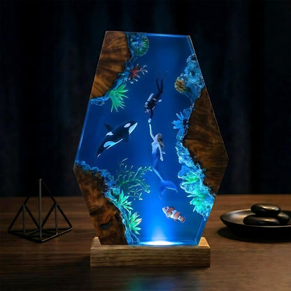 Handmade Resin Ocean Lamp Deep Sea Diorama Mermaid Orca Clownfish Wood Night Light Decor