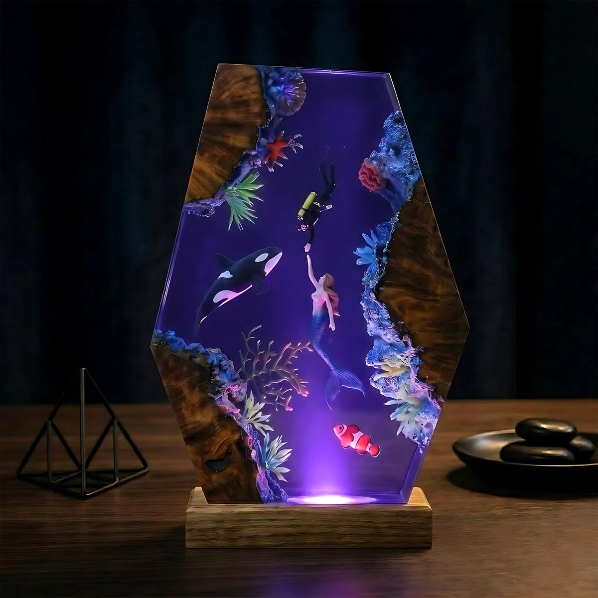 Handmade Resin Ocean Lamp Deep Sea Diorama Mermaid Orca Clownfish Wood Night Light Decor