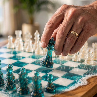 Handcrafted Ocean Blue Resin Chess Set – Luxury Epoxy Wood Chess Board with Pieces