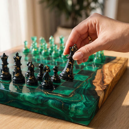 Luxury Emerald Green Resin Chess Set with Handmade Epoxy Wood Board and 32 Pieces