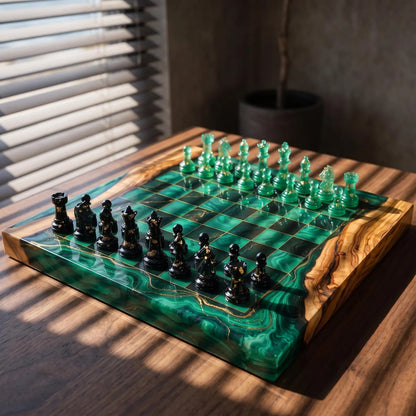 Luxury Emerald Green Resin Chess Set with Handmade Epoxy Wood Board and 32 Pieces