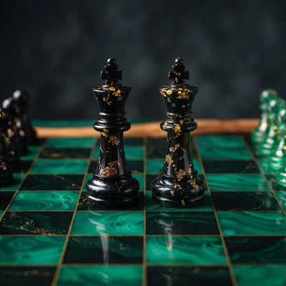 Luxury Emerald Green Resin Chess Set with Handmade Epoxy Wood Board and 32 Pieces