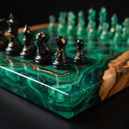 Luxury Emerald Green Resin Chess Set with Handmade Epoxy Wood Board and 32 Pieces