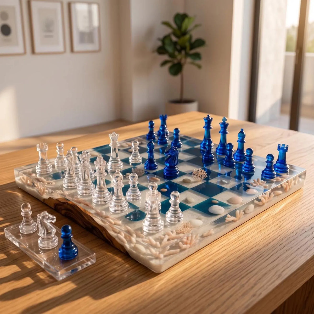 Handmade Wooden Resin Chess Set with Luxury Epoxy Board and 32 Artistic Pieces
