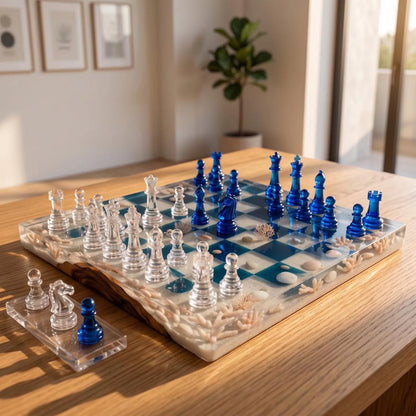Handmade Wooden Resin Chess Set with Luxury Epoxy Board and 32 Artistic Pieces