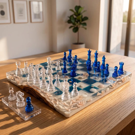 Handmade Wooden Resin Chess Set with Luxury Epoxy Board and 32 Artistic Pieces