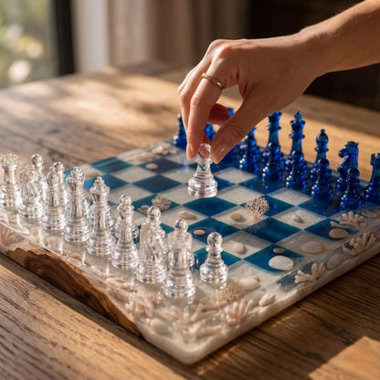 Handmade Wooden Resin Chess Set with Luxury Epoxy Board and 32 Artistic Pieces