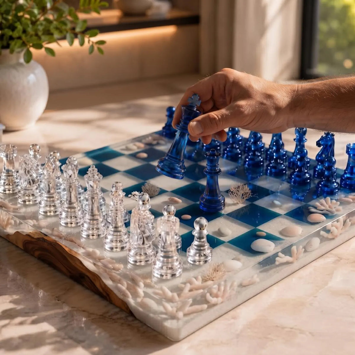 Handmade Wooden Resin Chess Set with Luxury Epoxy Board and 32 Artistic Pieces