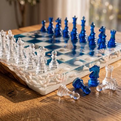 Handmade Wooden Resin Chess Set with Luxury Epoxy Board and 32 Artistic Pieces
