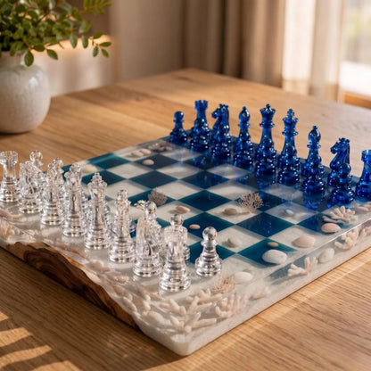 Handmade Wooden Resin Chess Set with Luxury Epoxy Board and 32 Artistic Pieces