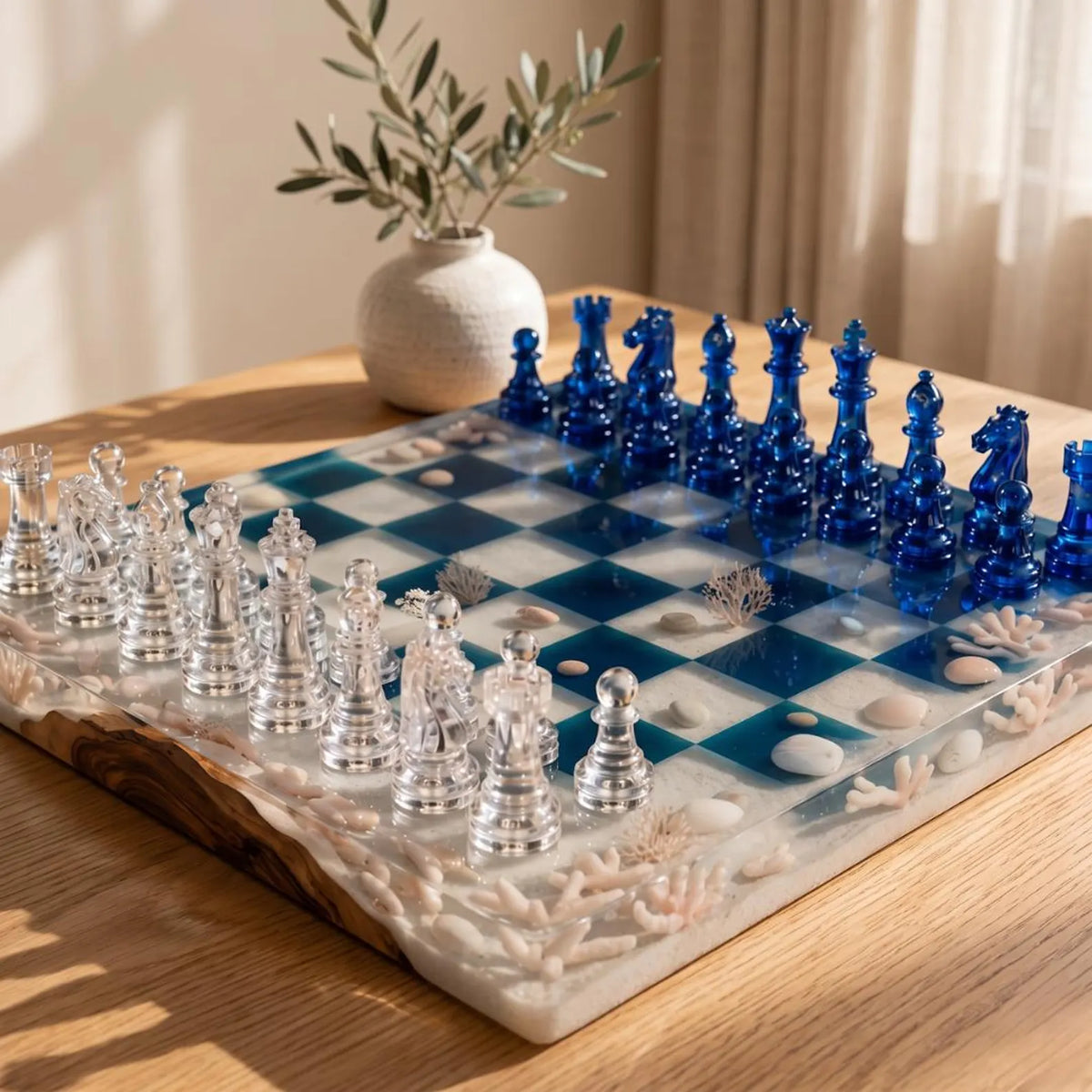 Handmade Wooden Resin Chess Set with Luxury Epoxy Board and 32 Artistic Pieces