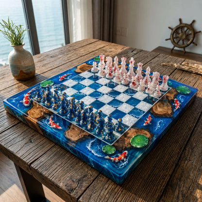 Luxury Koi Fish Resin Chess Set Handmade Epoxy Wood Chess Board Ocean Pond Design