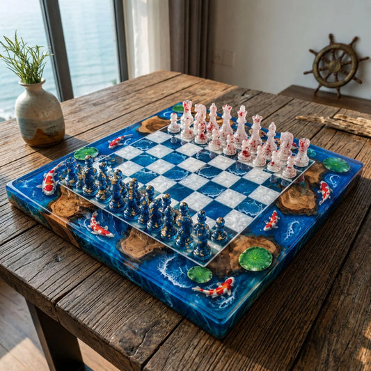 Luxury Koi Fish Resin Chess Set Handmade Epoxy Wood Chess Board Ocean Pond Design