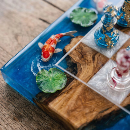 Luxury Koi Fish Resin Chess Set Handmade Epoxy Wood Chess Board Ocean Pond Design