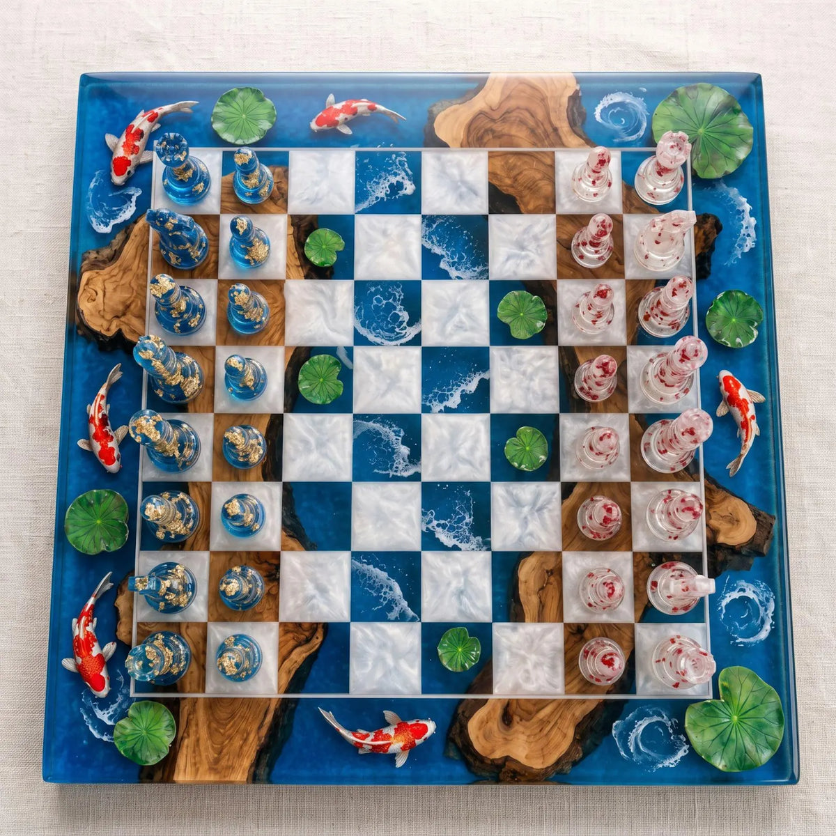 Luxury Koi Fish Resin Chess Set Handmade Epoxy Wood Chess Board Ocean Pond Design