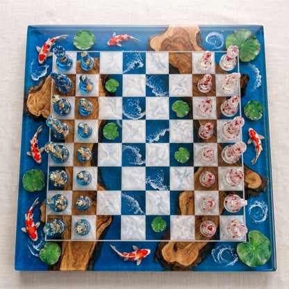 Luxury Koi Fish Resin Chess Set Handmade Epoxy Wood Chess Board Ocean Pond Design