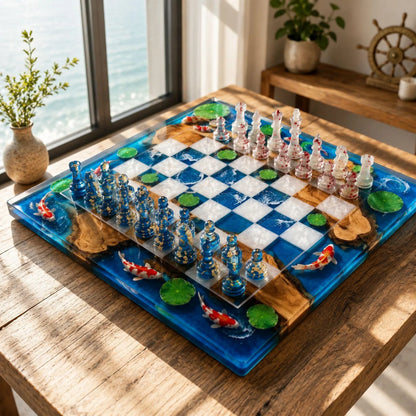 Luxury Koi Fish Resin Chess Set Handmade Epoxy Wood Chess Board Ocean Pond Design